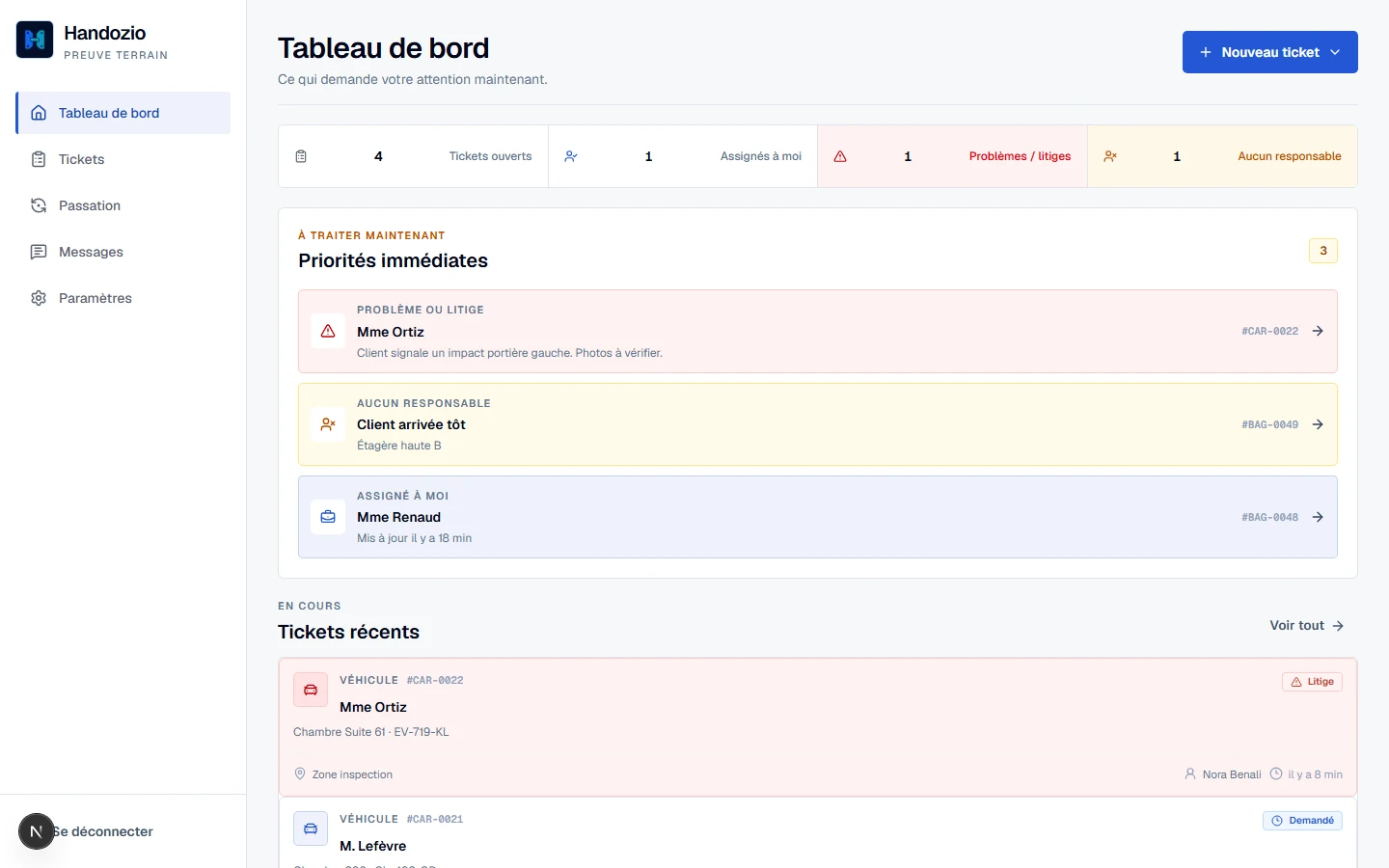 Tableau de bord Handozio montrant les priorités opérationnelles et les tickets ouverts.
