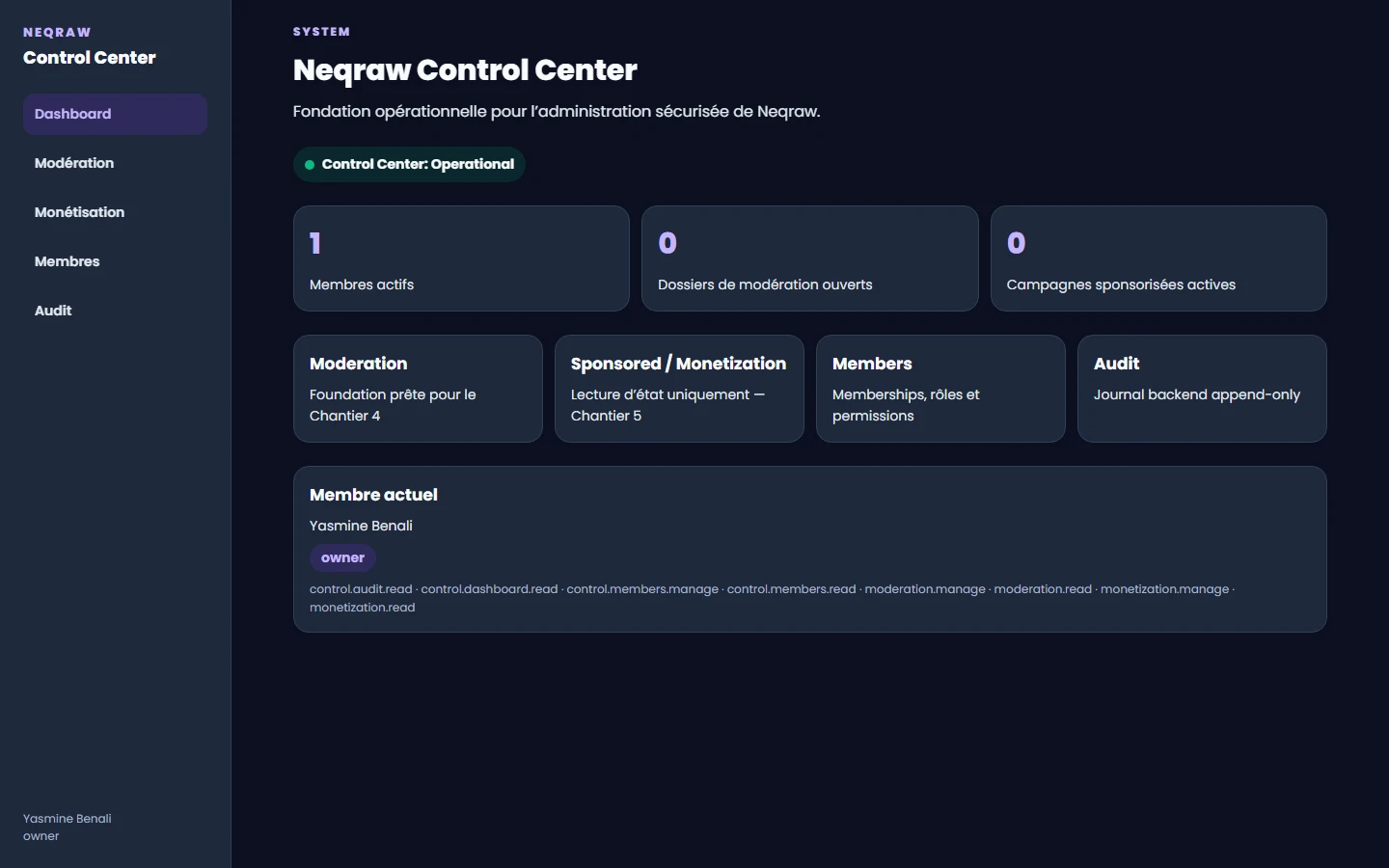 Tableau de bord web Neqraw Control Center présentant l'état opérationnel et les permissions du membre courant.